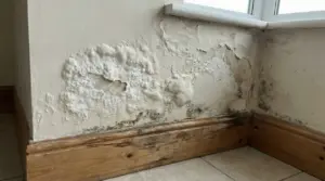 Parete interna con gonfiore, muffa e danni da umidità vicino al battiscopa