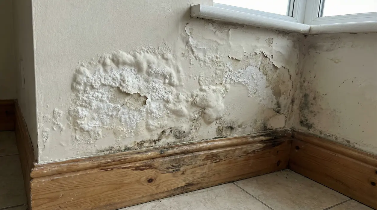Parete interna con gonfiore, muffa e danni da umidità vicino al battiscopa