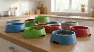 Ciotole di plastica per animali graffiate e usurate su un piano da cucina
