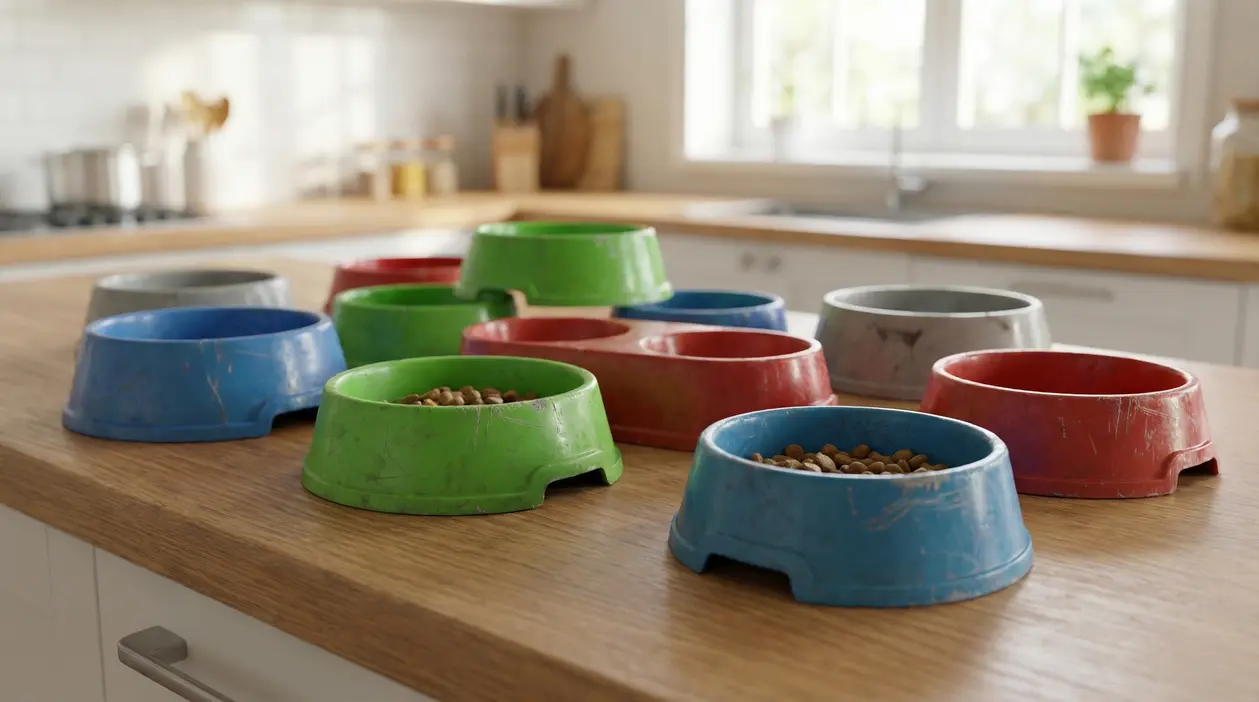 Ciotole di plastica per animali graffiate e usurate su un piano da cucina