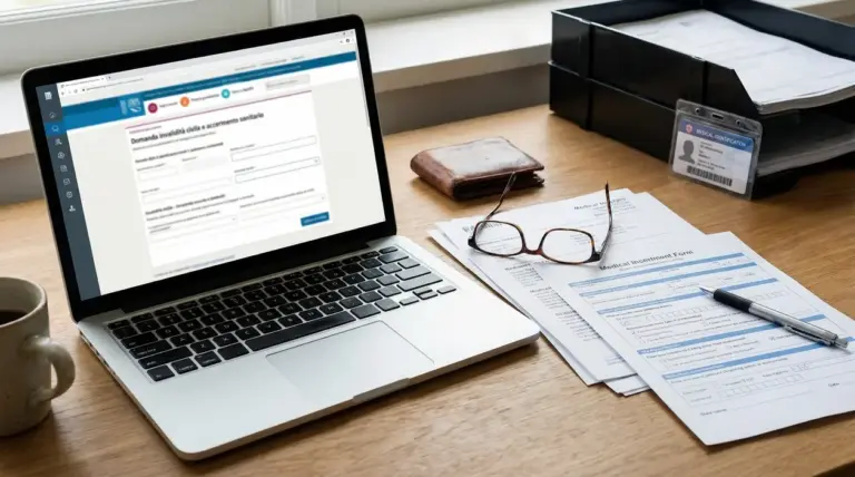 Scrivania con computer portatile aperto su modulo domanda invalidità civile e documenti medici