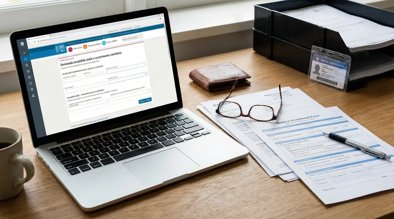 Scrivania con computer portatile aperto su modulo domanda invalidità civile e documenti medici