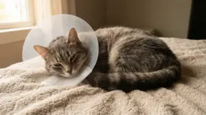 Gatto con collare elisabetta riposa su una coperta dopo la sterilizzazione