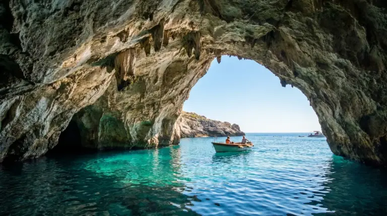Grotta marina con acqua cristallina e barca a remi all'ingresso