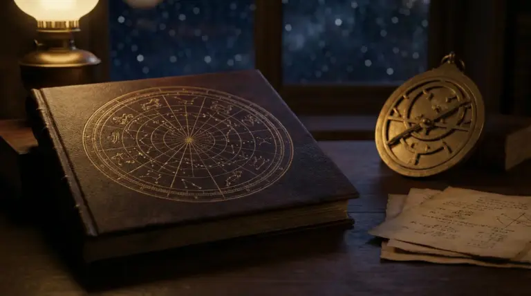 Libro antico con costellazioni zodiacali accanto a strumenti astrologici su un tavolo di legno.