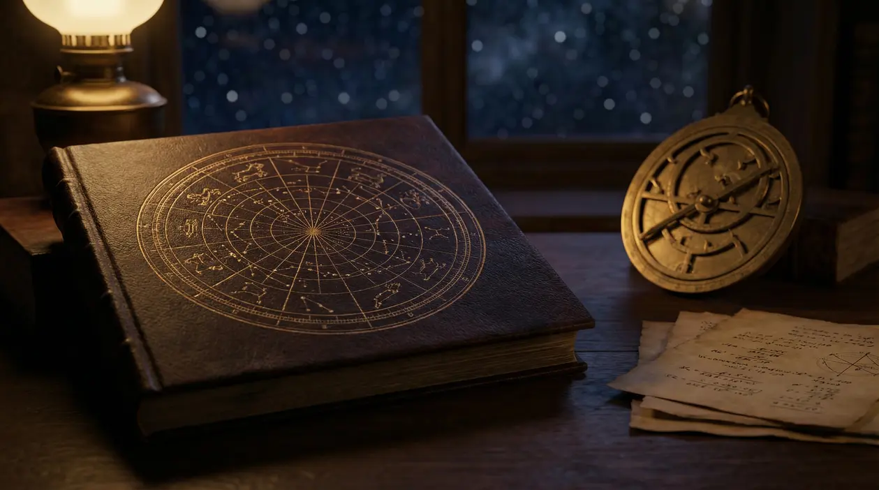 Libro antico con costellazioni zodiacali accanto a strumenti astrologici su un tavolo di legno.