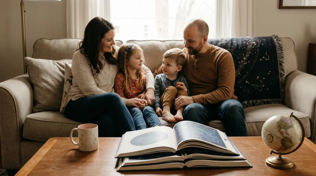 Famiglia seduta insieme su un divano, con libri e oggetti legati all'astrologia sul tavolino