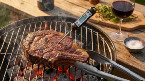 Bistecca sulla griglia con termometro da cucina che misura la temperatura interna