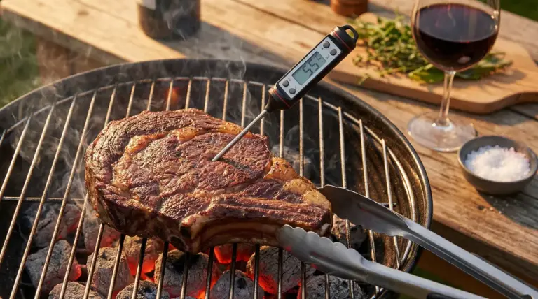 Bistecca sulla griglia con termometro da cucina che misura la temperatura interna