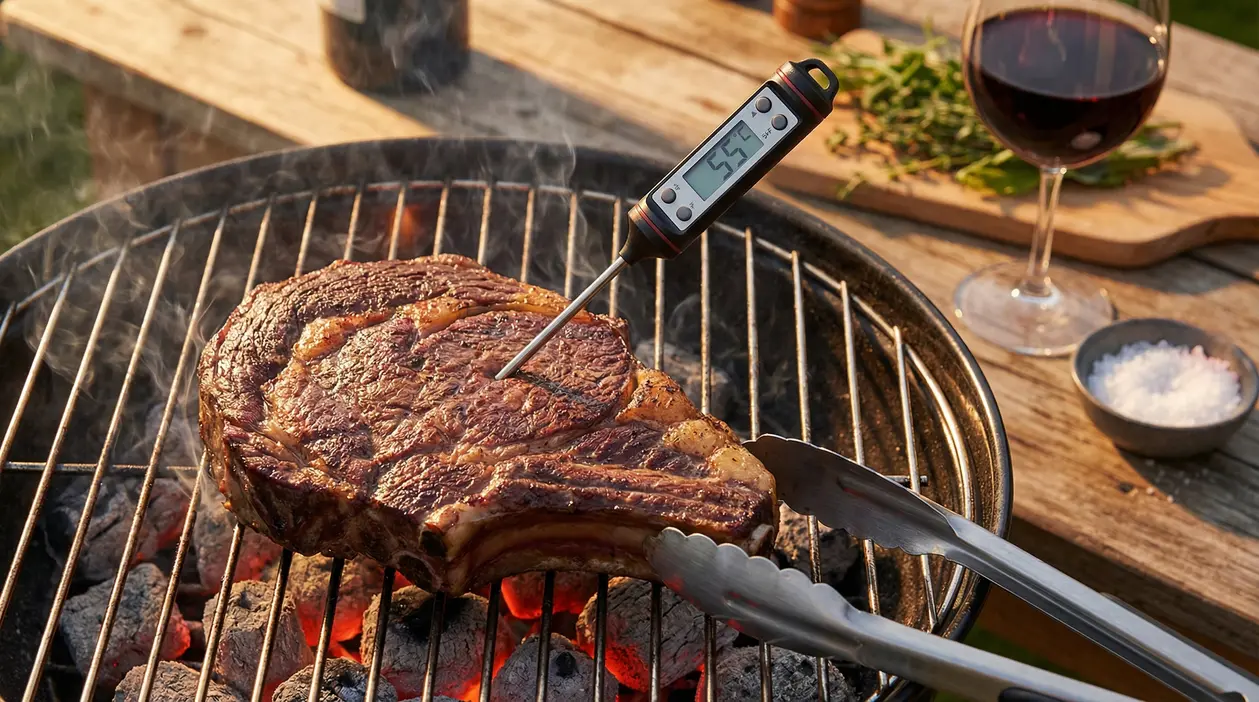 Bistecca sulla griglia con termometro da cucina che misura la temperatura interna