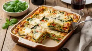 Lasagna vegetariana con verdure grigliate e besciamella in una teglia di ceramica