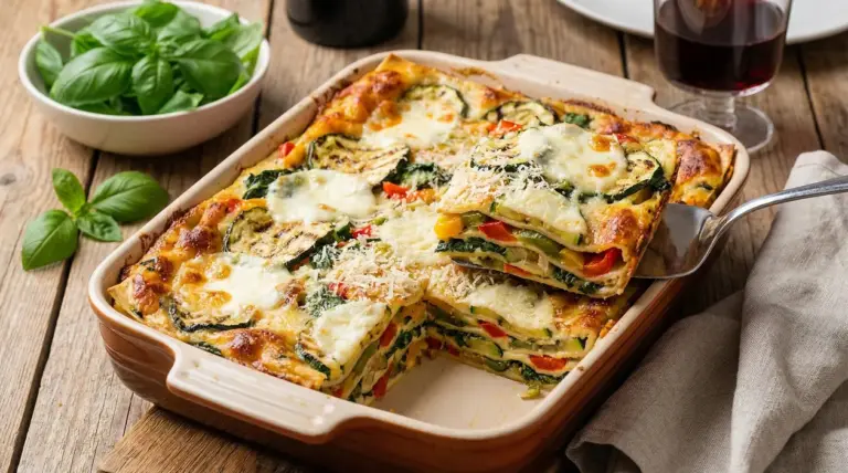 Lasagna vegetariana con verdure grigliate e besciamella in una teglia di ceramica