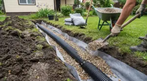 Persona che installa un tubo di drenaggio in un giardino per migliorare il deflusso dell'acqua