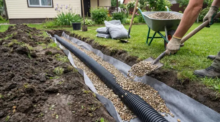 Persona che installa un tubo di drenaggio in un giardino per migliorare il deflusso dell'acqua