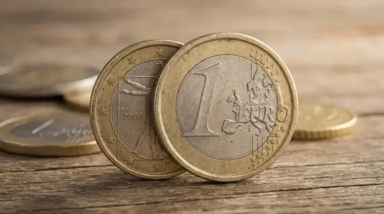 Monete da 1 euro su una superficie in legno, una coniata nel 2002 in primo piano