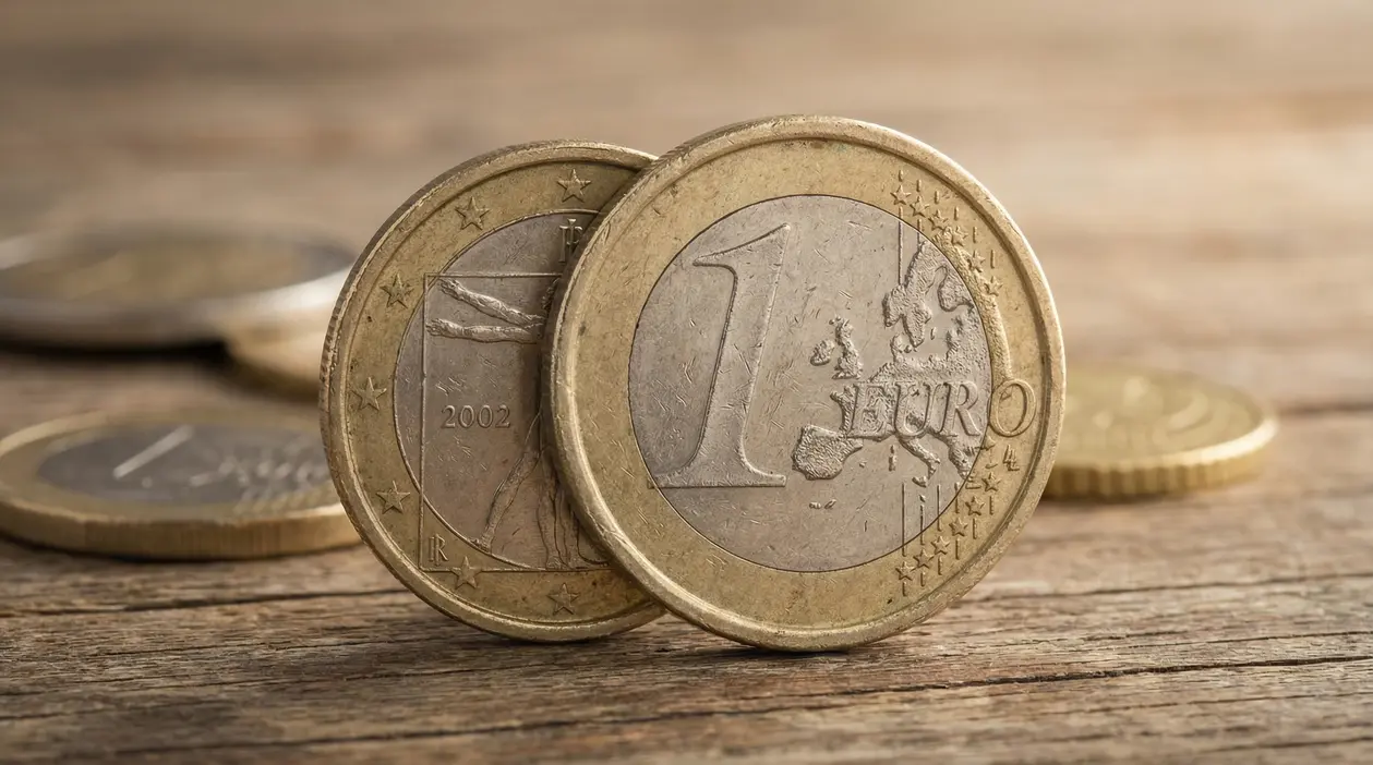Monete da 1 euro su una superficie in legno, una coniata nel 2002 in primo piano