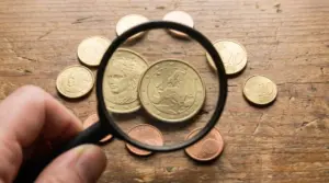 Una lente d'ingrandimento su una moneta da 10 centesimi di euro posata su un tavolo