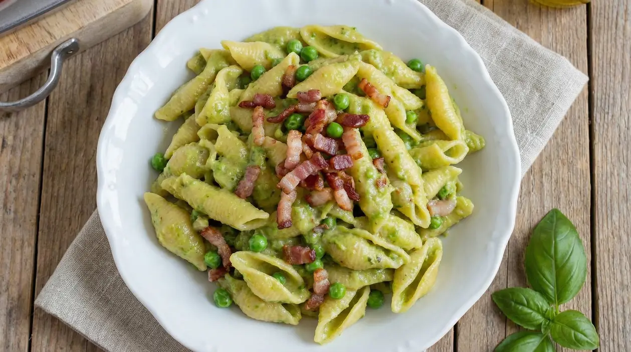 Piatto di pasta con crema di piselli e pancetta croccante in una ciotola bianca su tavolo rustico