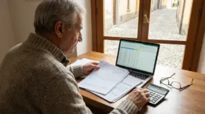 Persona anziana calcola dati pensionistici con documenti, laptop e calcolatrice su un tavolo.