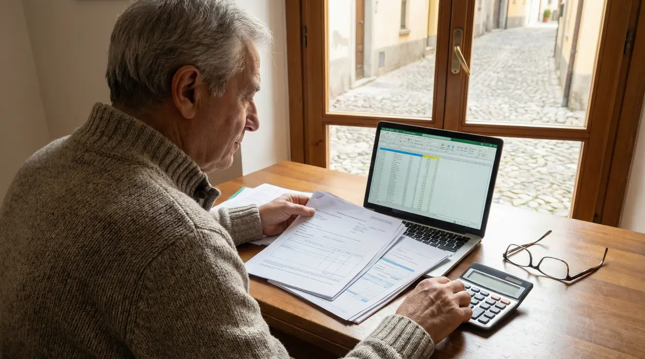 Persona anziana calcola dati pensionistici con documenti, laptop e calcolatrice su un tavolo.