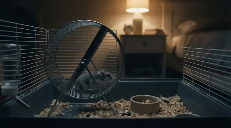 Criceto che corre su una ruota all'interno di una gabbia in una stanza da letto di notte