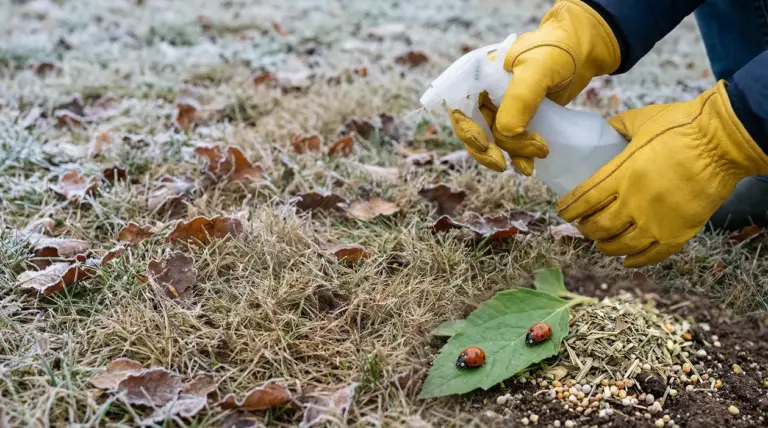 Mani con guanti gialli spruzzano un rimedio naturale su un prato invernale con coccinelle su una foglia