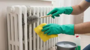 Mani con guanti che puliscono un termosifone con spazzola e panno giallo