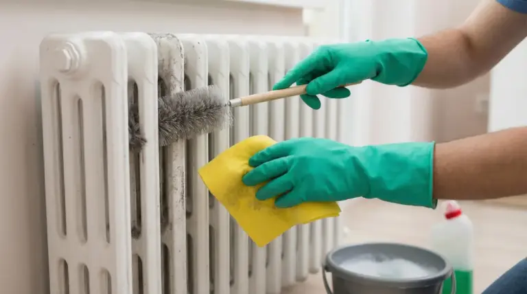 Mani con guanti che puliscono un termosifone con spazzola e panno giallo