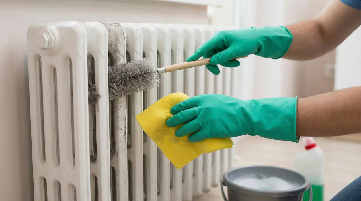 Mani con guanti che puliscono un termosifone con spazzola e panno giallo
