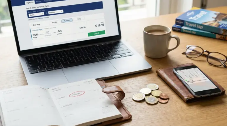 Scrivania con laptop, agenda, smartphone e monete usati per cercare voli economici