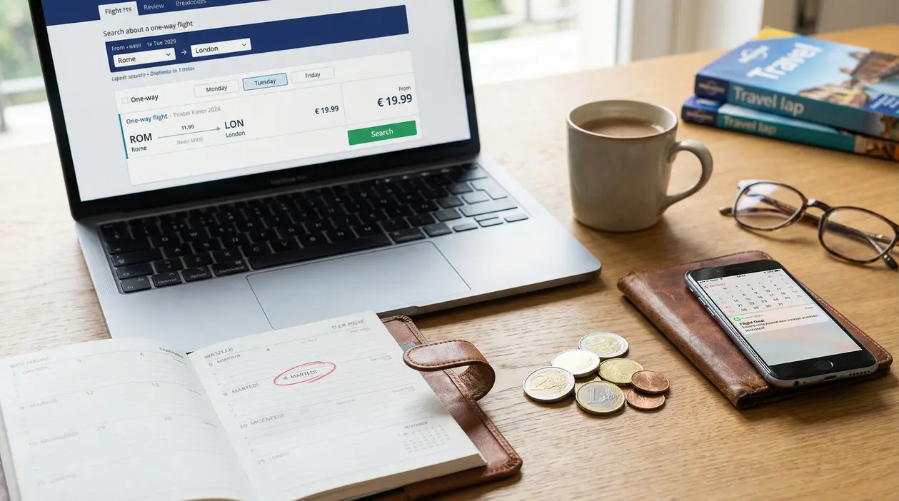 Scrivania con laptop, agenda, smartphone e monete usati per cercare voli economici