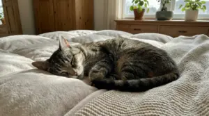 Gatto anziano che dorme serenamente su un letto morbido alla luce del sole