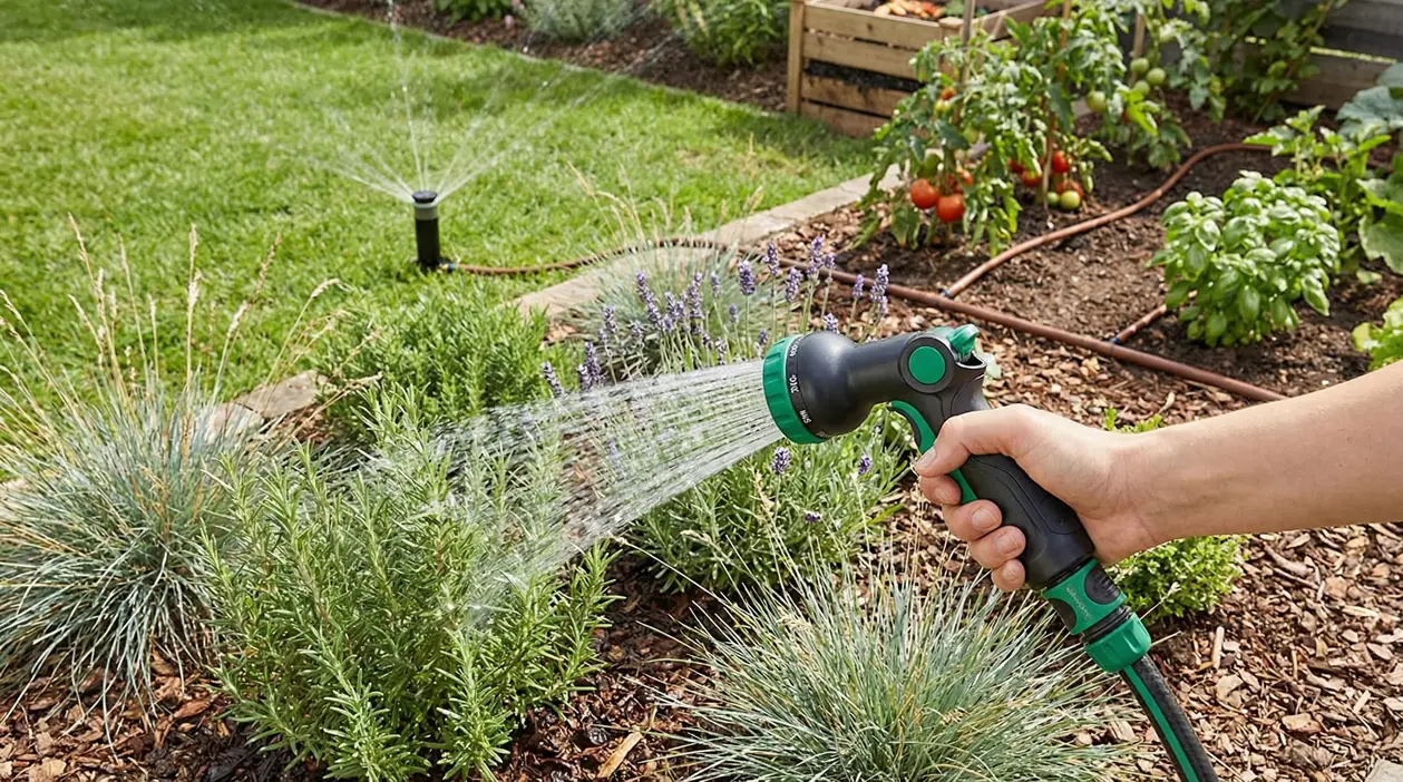 Una mano annaffia un giardino con un tubo dotato di doccetta a spruzzo