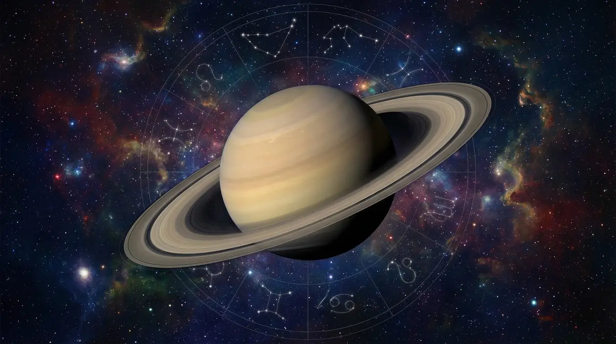 Il pianeta Saturno nello spazio con sfondo di costellazioni zodiacali