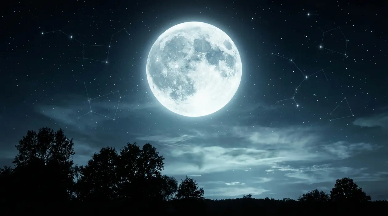 Luna piena luminosa nel cielo notturno sopra una foresta con costellazioni visibili