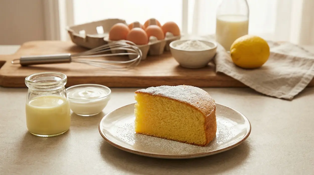 Fetta di torta soffice su piatto con ingredienti da cucina sullo sfondo